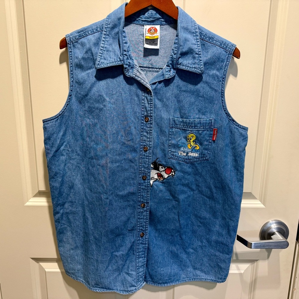 VTG 90s Looney Tunes Tweety Sylvester Don’t Argue With the Boss Denim Vest Large